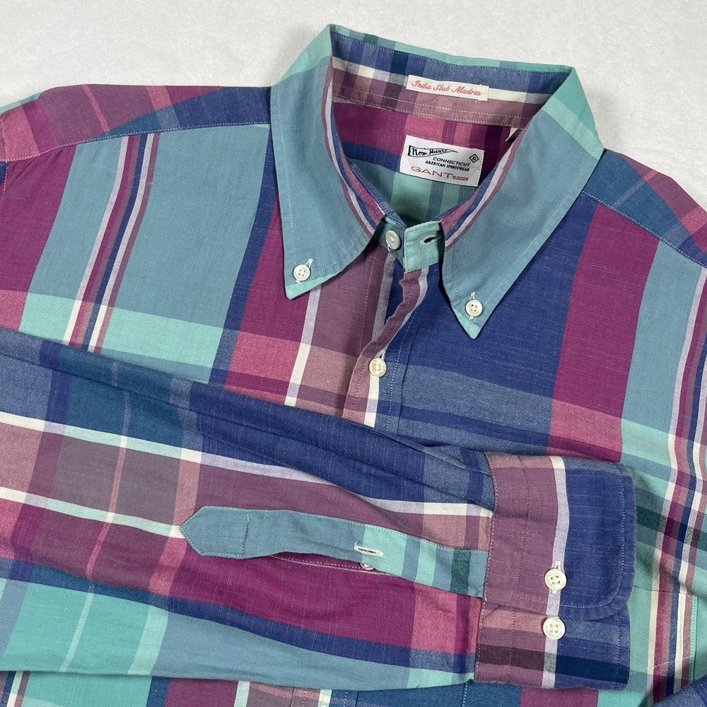 Vintage 1980s Gant Foxhunt Plaid Oxford Shirt India Madras Sz L 3-button Collar